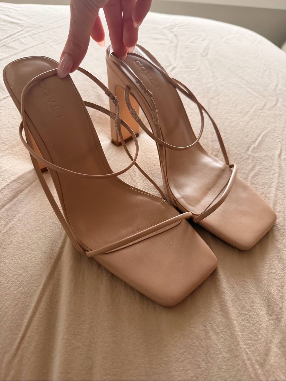 Covet Blush Nude Strappy Square-Toe High Heels